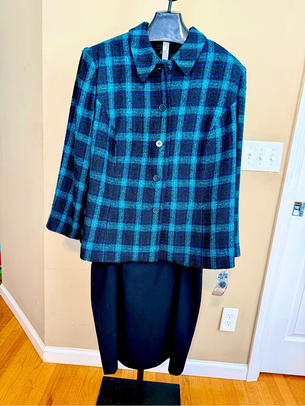 Kasper Teal & Black Plaid Pea Coat
